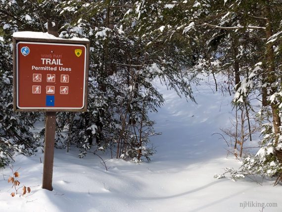 Sign for the Wing Dam trail, covered in snow