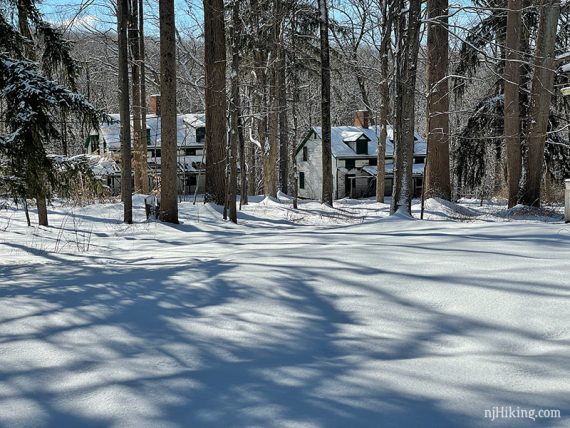 Two Feltville buildings in woods.