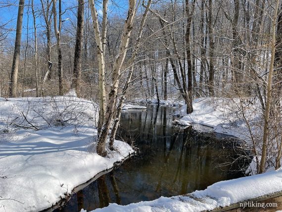 Stream surrounded by snow.