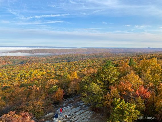 View from a fire tower over a forest with hikers on rocks below.