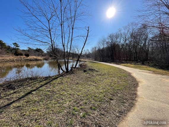 Curved paved path around a pond