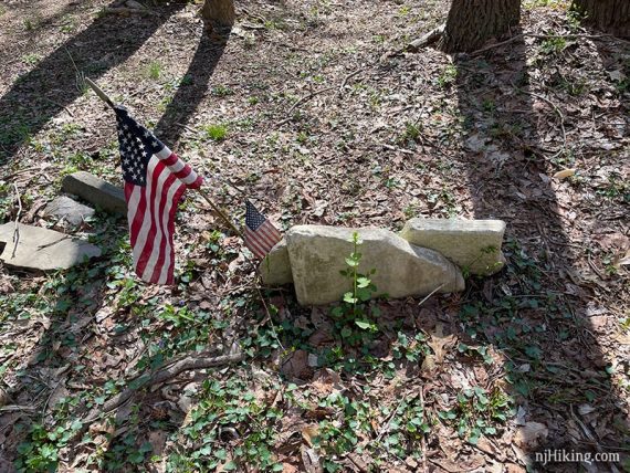 Small unmarked gravestones and American Flag.