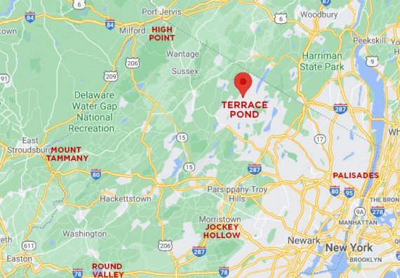 Overview map showing the location of Terrace Pond in relation to popular hikes.