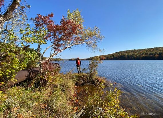 Hiker at the edge of a lake with remnants of a large pipe.