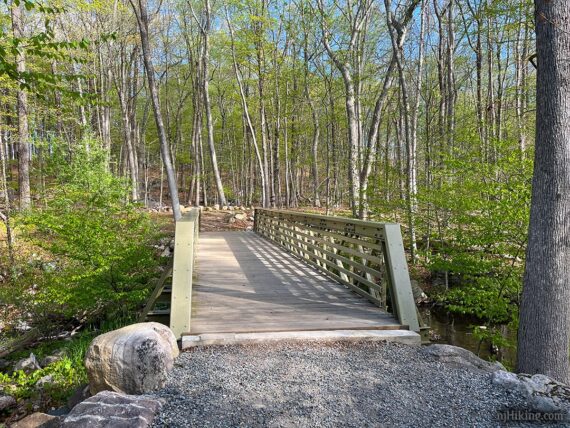 Wide footbridge over a stream.
