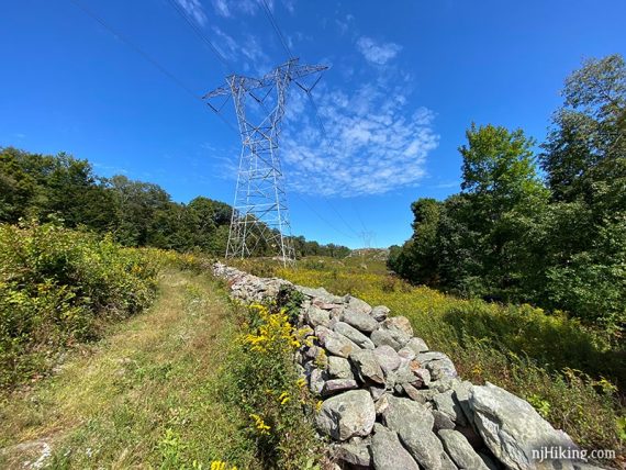 Rock wall along a woods road leading to a tall power tower and line