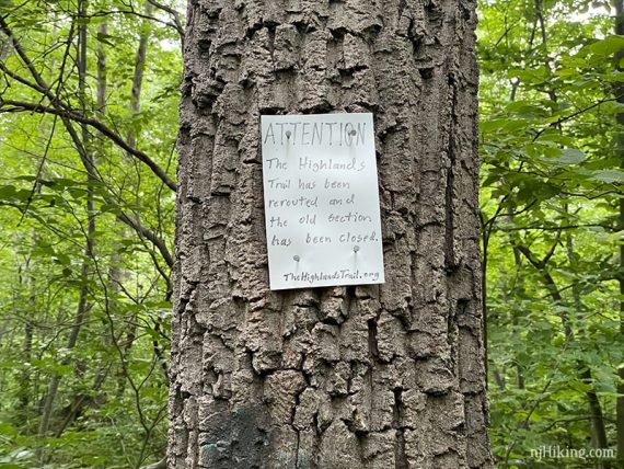 Highlands rerouted sign on tree