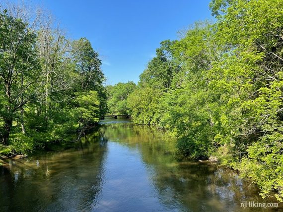 River with small bridge in distance and green trees on sides.