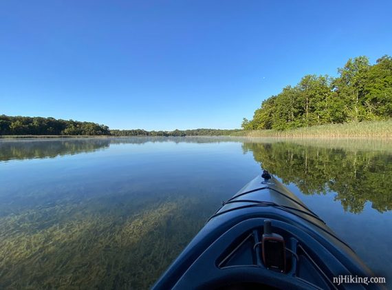 Kayak with vegetation visible in the clear water