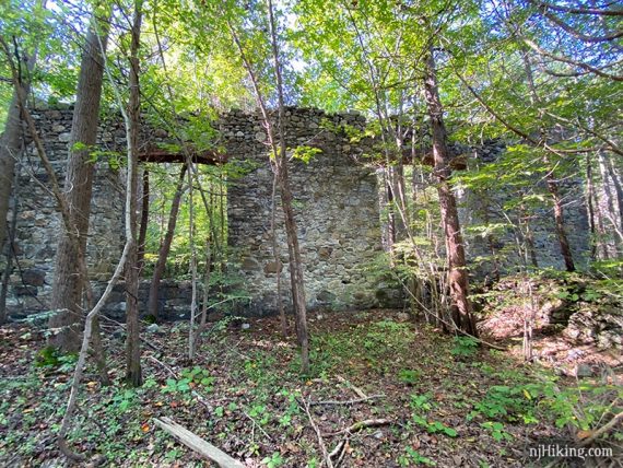 Old large stone wall with openings for windows.