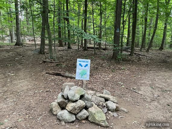 Blue Loop Sign on top of a large pile of rocks