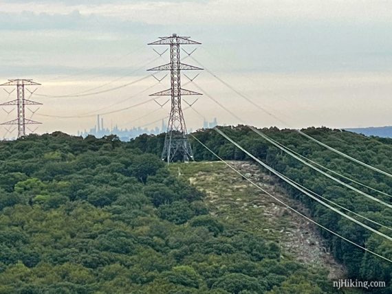 Power line and tower with New York City skyline behind it