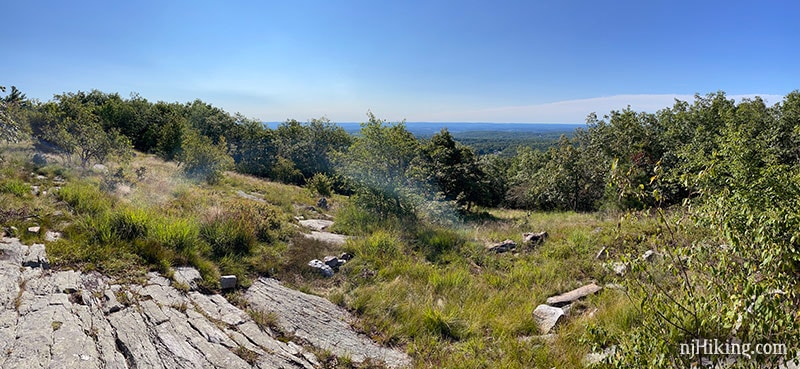 Rock slabs in the foreground and forest and hills in the distance.