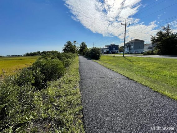 Paved rail trail with marsh on one side and houses on the other