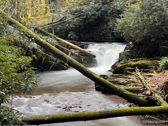 Heavy water flow over a rocky shelf in a stream.