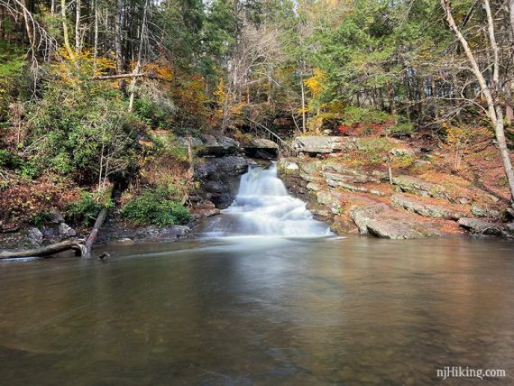 Waterfall over rocks into a large pool below.