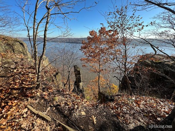 Trail at cliff edge with rock pillar.