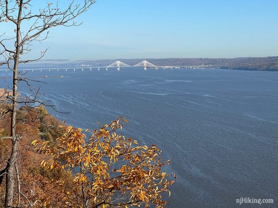 Mario Cuomo bridge on the Hudson River seen from NJ's Palisades cliff.