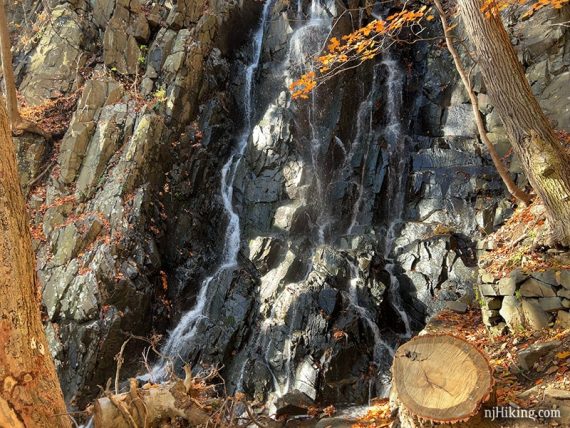 Close up of water flowing over basalt rocks