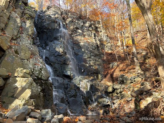 Water flowing over a vertical wall of rocks