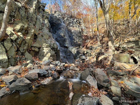 Water cascading down an almost vertical rock face into a pool.