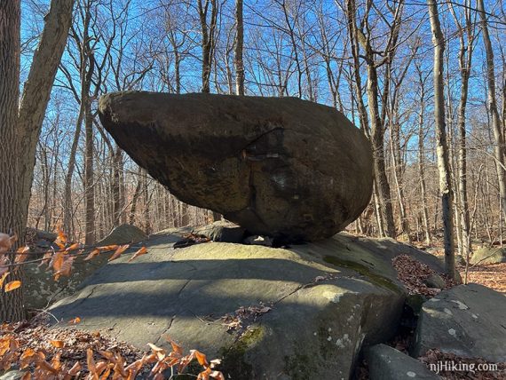 A large rock that looks like a shark head balanced on a flat rock.