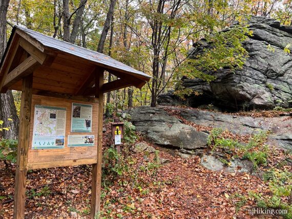 Manaticut trailhead and kiosk near a large rock.