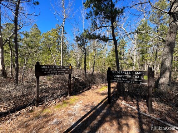 Mullica River and Wilderness Camps signs.