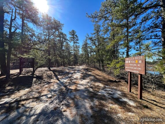 Large wooden signs at a trail junction.