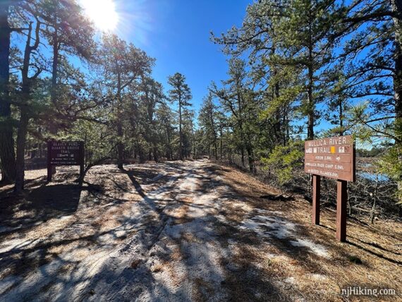 Large wooden signs at a trail junction