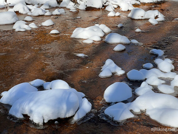 Small piles of snow in a river