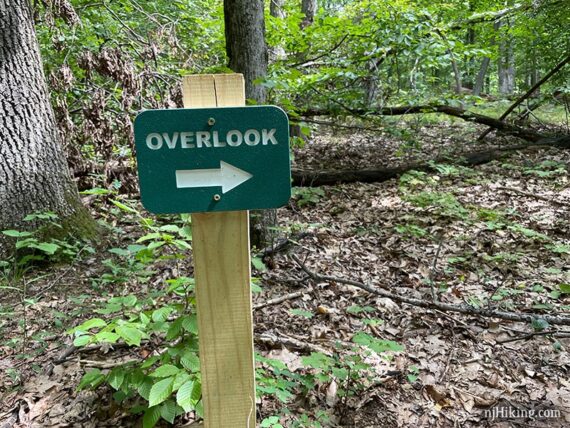 Wooden post with a green overlook sign and arrow.