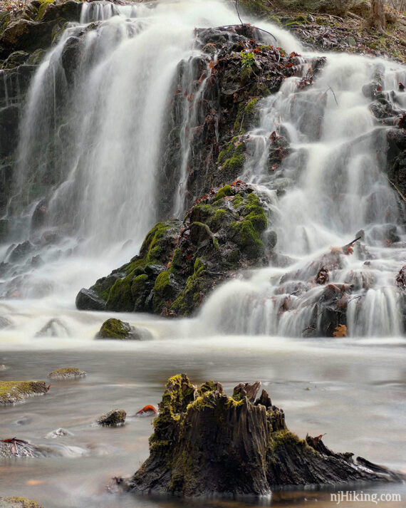 Close up of a water flowing over rocks with a stump in the stream in the foreground.