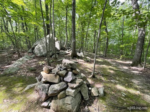 Large rock cairn near a trail with white markers.