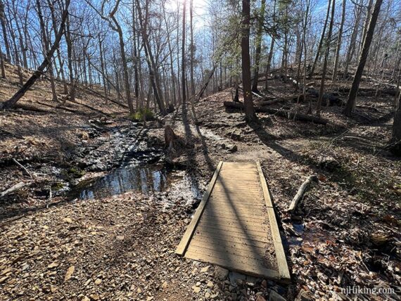 Wooden footbridge near a stream