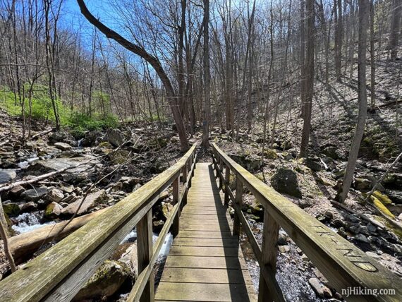 Wooden bridge across Scout Run in Musconetcong Gorge