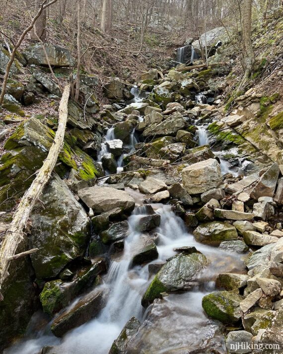 Waterfalls and cascades tumbling over the rocks in Pine Run stream