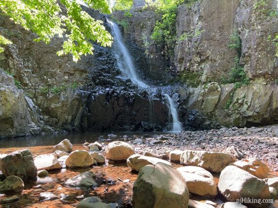 Water cascading over rocks and curving over to the right.