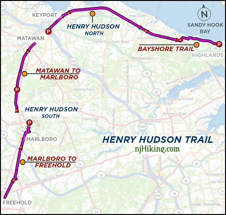 Henry Hudson overview map showing the location of each section of the trail.