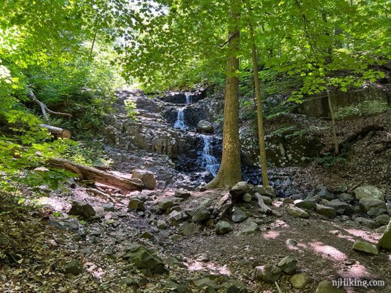 Small waterfall over rocks surrounded by green trees.