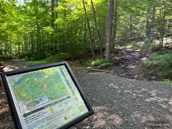 Trail map plaque at and intersection with the yellow Lenape trail.