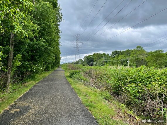 Flat rail trail running along a utility right of way.