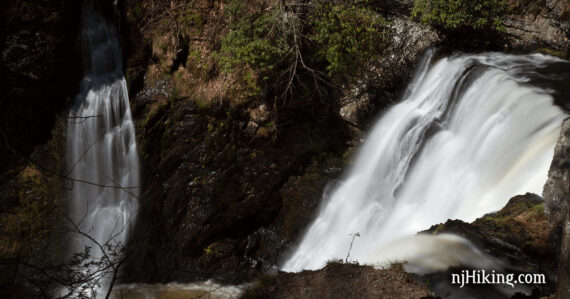 Close up of the top of two waterfalls.