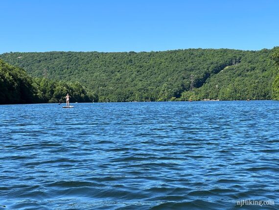 Paddle boarder on a blue lake with green hills beyond.