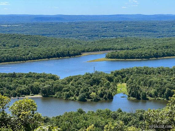 Zoom into Lower Yards Creek reservoir and the trees it winds around. 