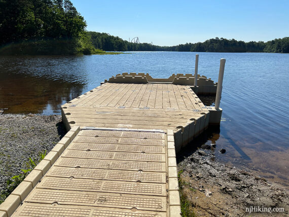 Floating dock with a kayak launching bay.