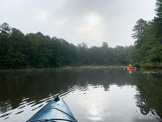 Kayaker on a calm lake in a cove.