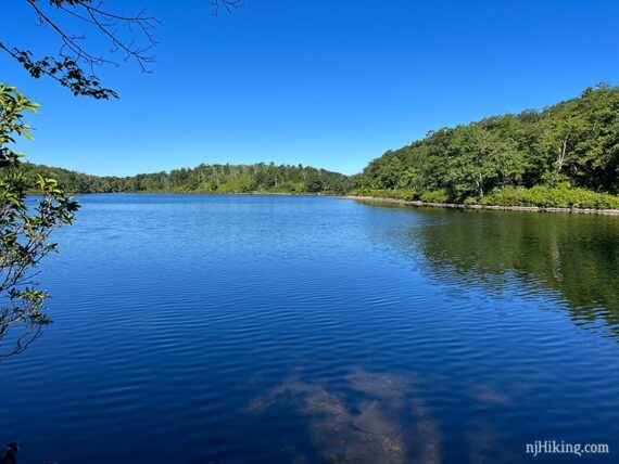 Bright blue Sunfish Pond ringed with green trees with a cloudless blue sky.