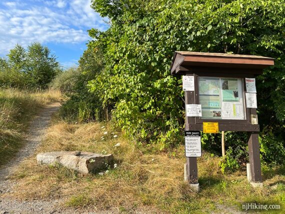 Wooden sign with information posted at a trailhead.