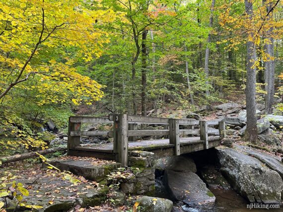 Wooden trail bridge marked #3 crossing a rocky stream.